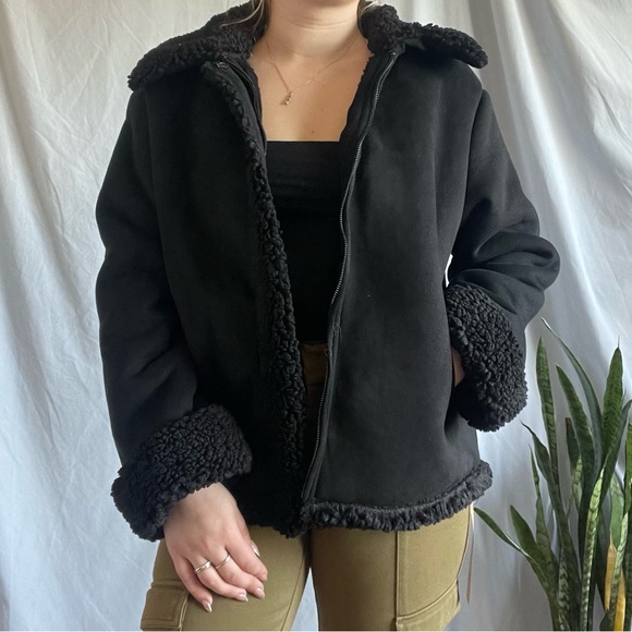 Reformation Shearling Jacket Coat Black - Picture 2 of 6